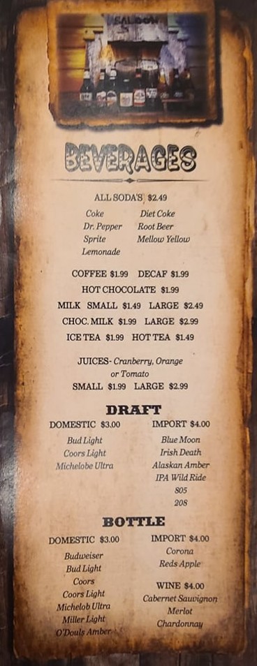 The menu at Buster's Restaurant and Saloon