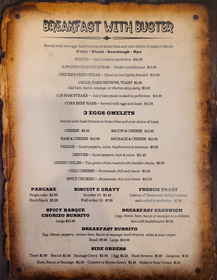 The menu at Buster's Restaurant and Saloon