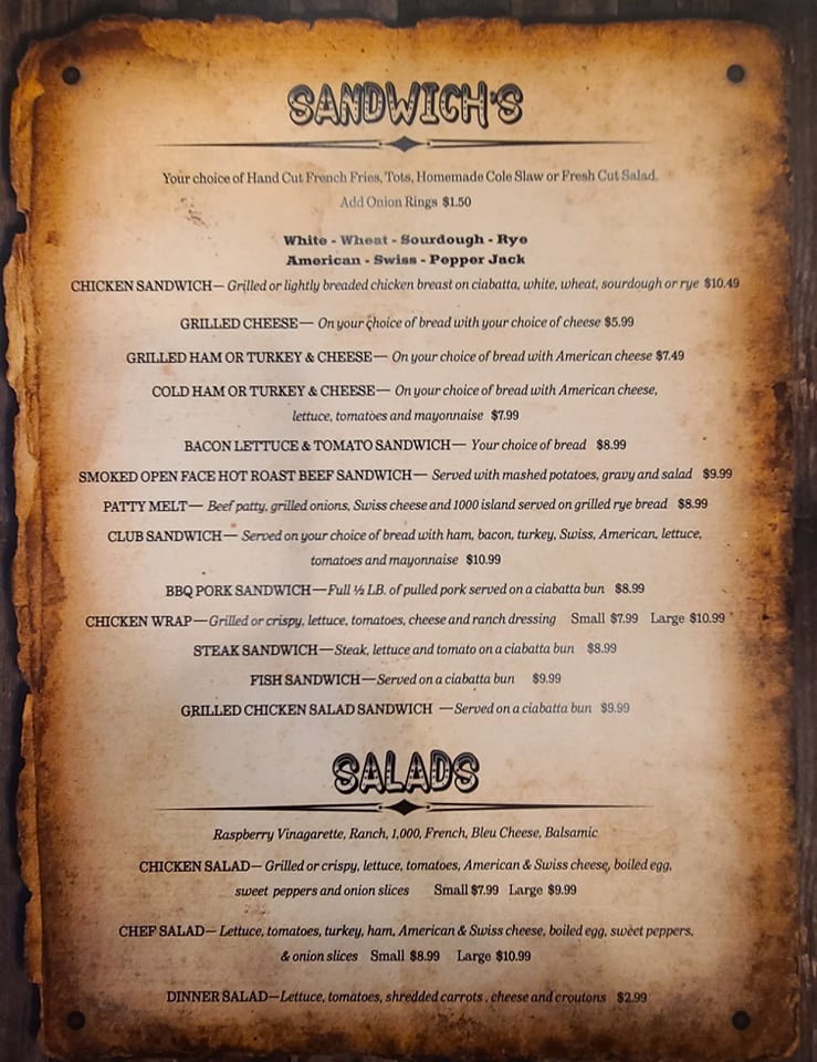 The menu at Buster's Restaurant and Saloon